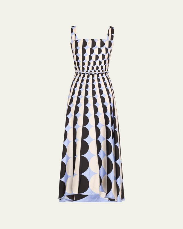 Long Geometric Square Neck Twill Silk Dress
